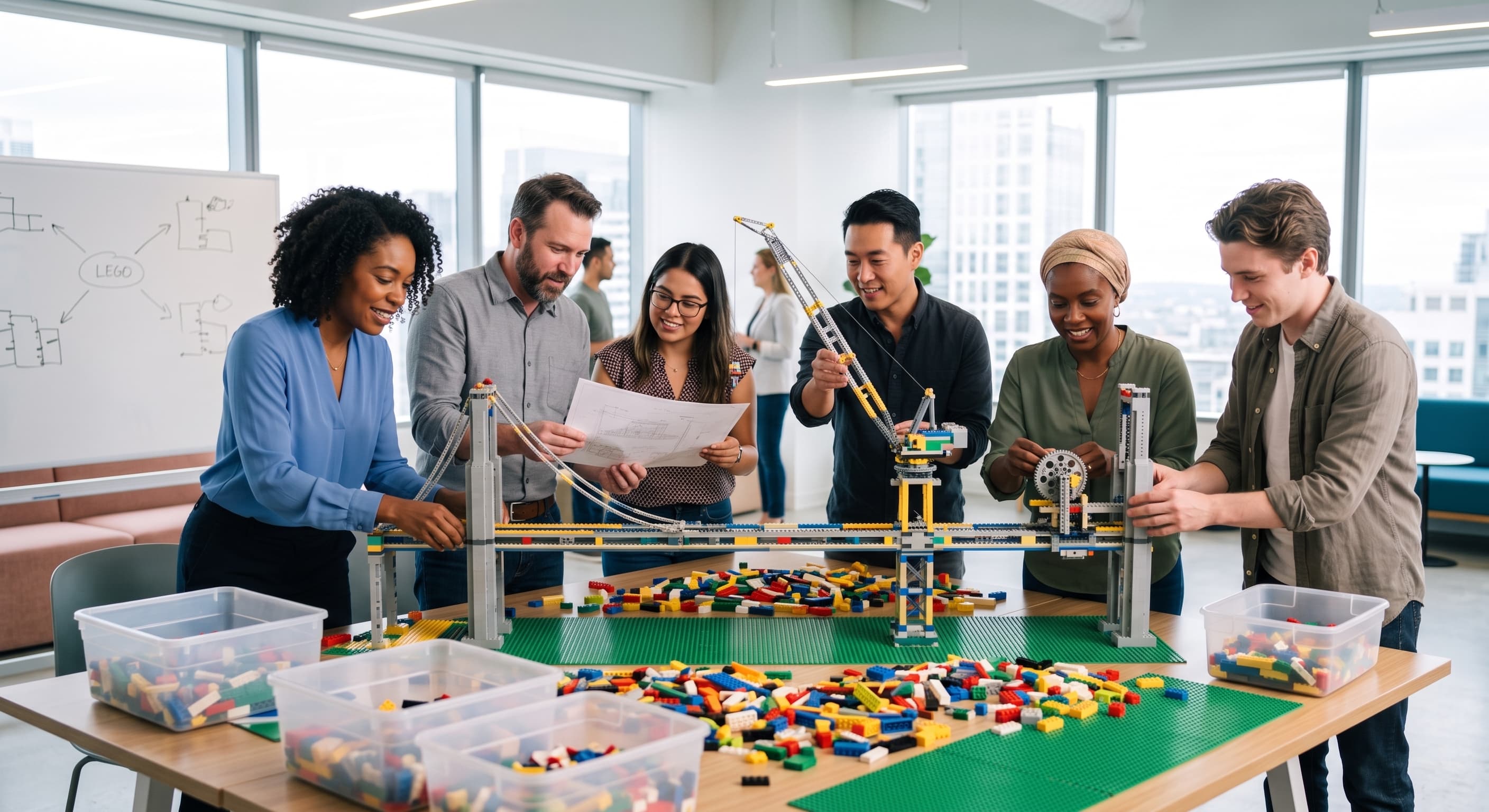 Professionals collaborating in a modern workshop