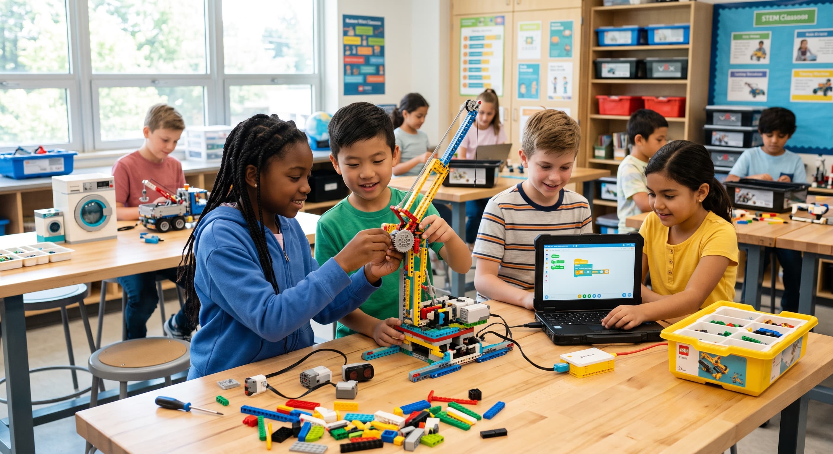Children building and programming a robotics kit